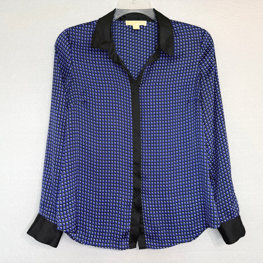 Michael Kors Geometric Print Button Blouse Womens Size 10 Satin Office Night Out